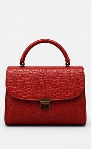 Red Croc-Embossed Leather Satchel with Buckle-Lock Closure