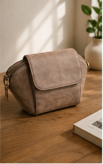 Taupe Leather Trapezoid Crossbody Bag - Image 4