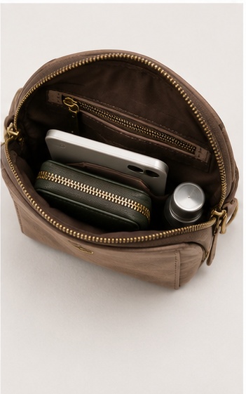 Taupe Leather Trapezoid Crossbody Bag - Image 5