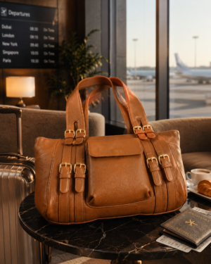Tan Leather Multi-Buckle Top-Handle Satchel Bag