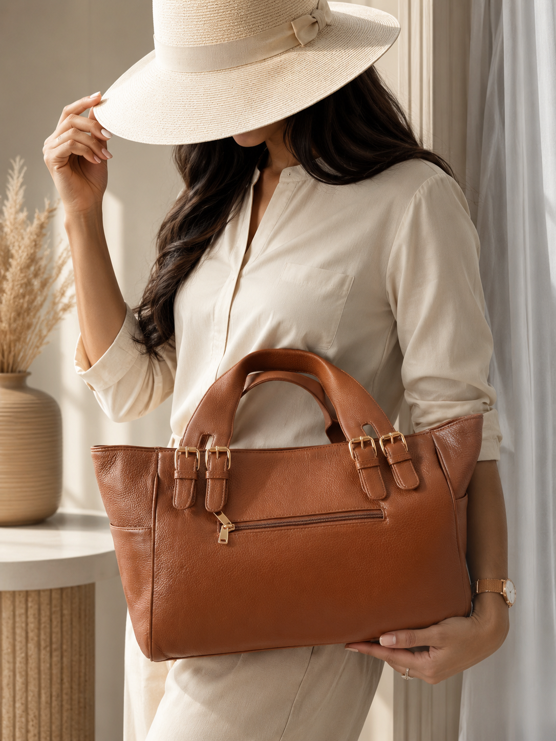 Tan Leather Multi-Buckle Top-Handle Satchel Bag - Image 3