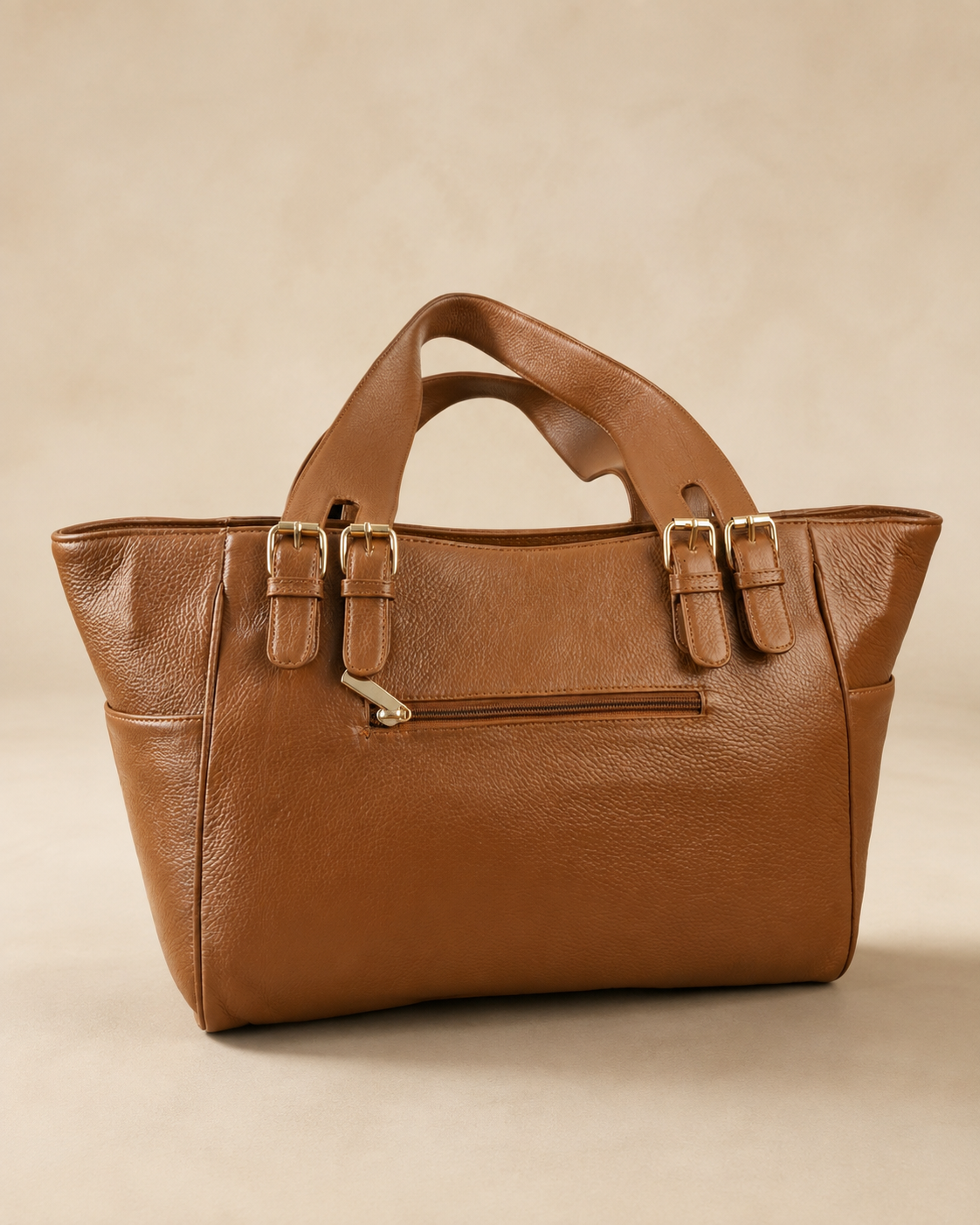 Tan Leather Multi-Buckle Top-Handle Satchel Bag - Image 4