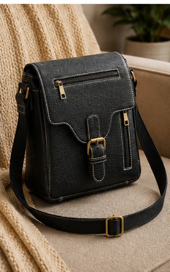 Black Leather Crossbody Bag with Contrast Stitch Buckle & Zip Pockets - Image 4