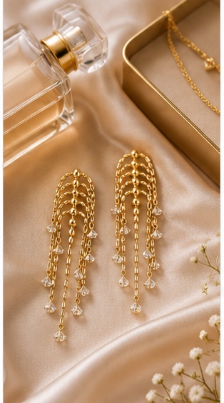 Gold-Plated Crystal Multi-Chain Tassel Fringe Drop Earrings - Image 3