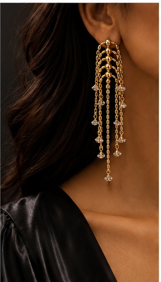 Gold-Plated Crystal Multi-Chain Tassel Fringe Drop Earrings - Image 2