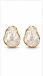 Gold-Rimmed Organic Baroque Pearl Stud Earrings