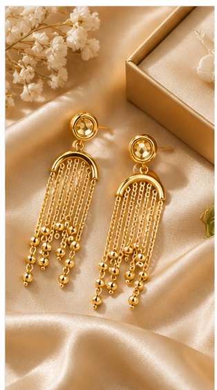 Gold-Plated Crystal Top Waterfall Chain Tassel Earrings - Image 3