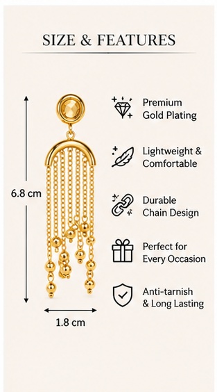Gold-Plated Crystal Top Waterfall Chain Tassel Earrings - Image 5