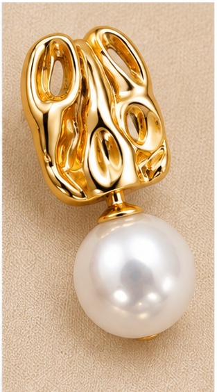Hammered Gold Huggie Earrings with Pearl Drop - Image 4