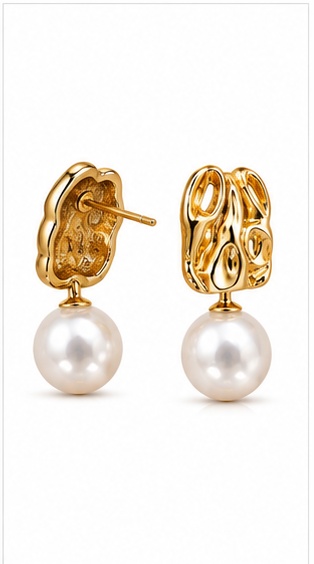 Hammered Gold Huggie Earrings with Pearl Drop - Image 2