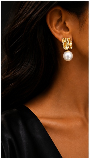 Hammered Gold Huggie Earrings with Pearl Drop - Image 3