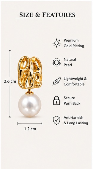 Hammered Gold Huggie Earrings with Pearl Drop - Image 5