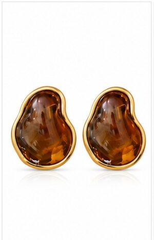 Amber Resin Organic Freeform Gold-Rim Stud Earrings