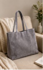 Grey Suede-Finish Slouchy Hobo Tote Bag