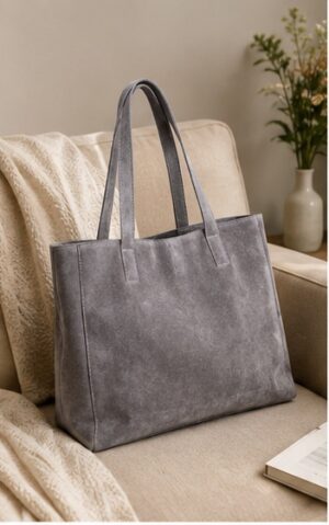 Grey Suede-Finish Slouchy Hobo Tote Bag
