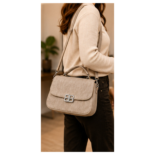 Beige Structured Flap Crossbody Handbag - Image 2