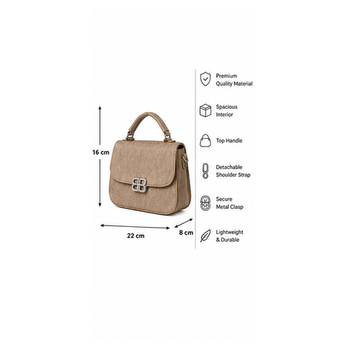 Beige Structured Flap Crossbody Handbag - Image 7