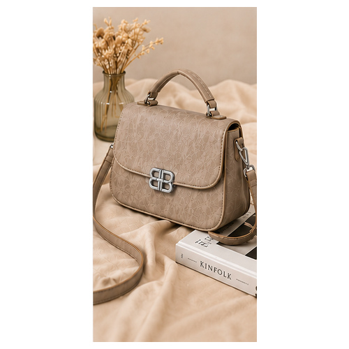 Beige Structured Flap Crossbody Handbag - Image 6