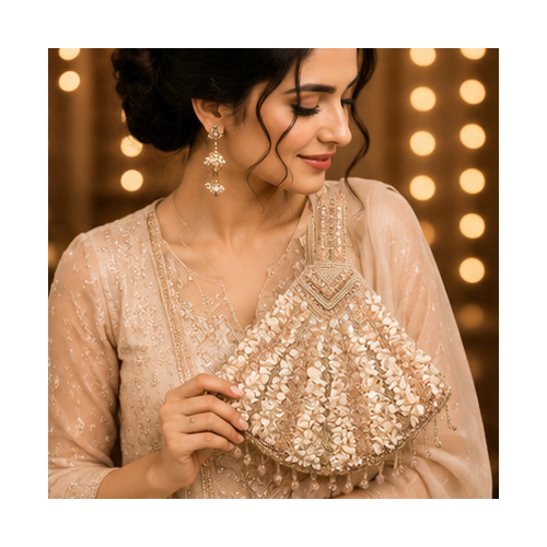 Rose Gold Sequin Fan-Shaped Potli Handbag - Image 2