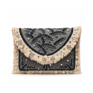 Black Embroidered Envelope Clutch