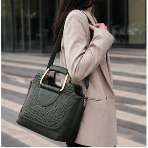 Dark Green Croc Texture Structured Handbag - Image 2