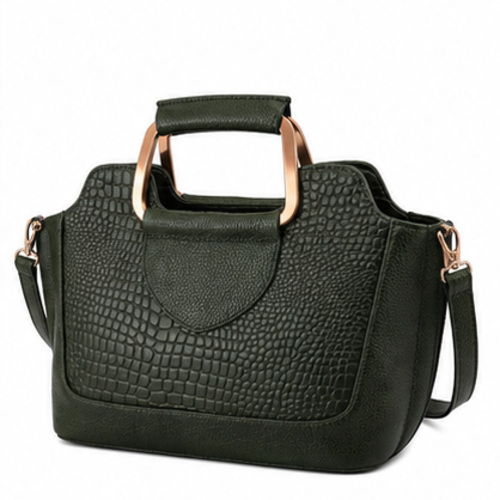 Dark Green Croc Texture Structured Handbag - Image 4