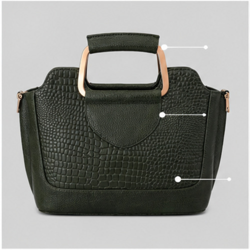 Dark Green Croc Texture Structured Handbag - Image 8