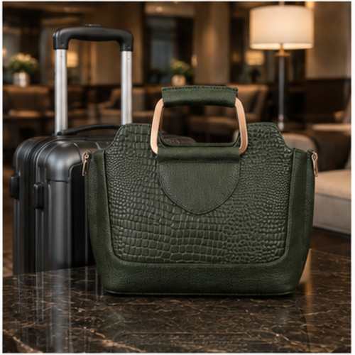 Dark Green Croc Texture Structured Handbag - Image 7