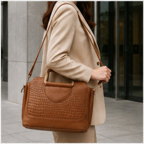 Tan Croc Texture Structured Handbag - Image 2