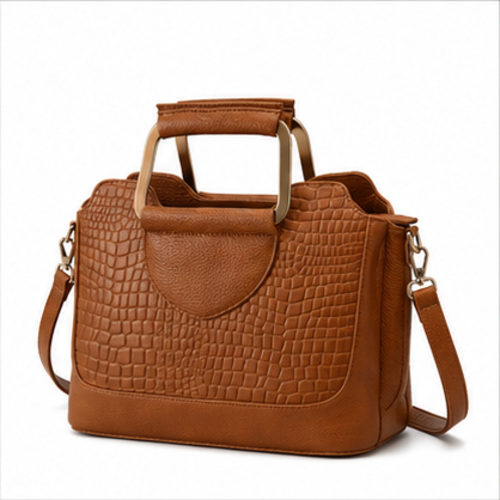 Tan Croc Texture Structured Handbag - Image 4