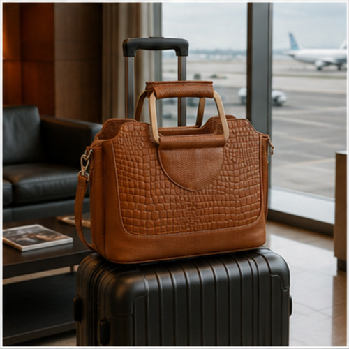 Tan Croc Texture Structured Handbag - Image 7