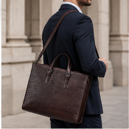 Dark Brown Croc Texture Structured Tote Bag - Image 2