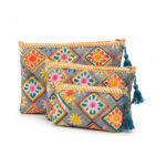 Multicolor Geometric Embroidered Pouch Set