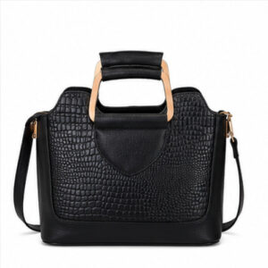 Black Croc Texture Structured Handbag