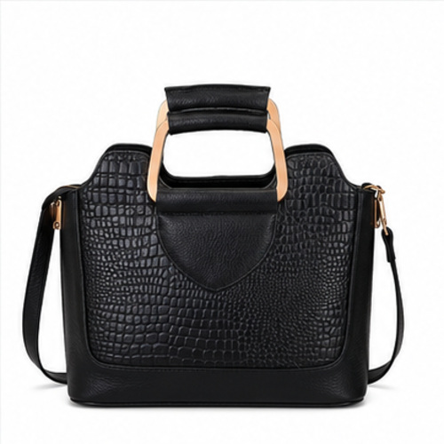Black Croc Texture Structured Handbag