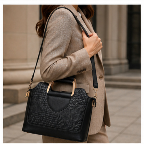 Black Croc Texture Structured Handbag - Image 2