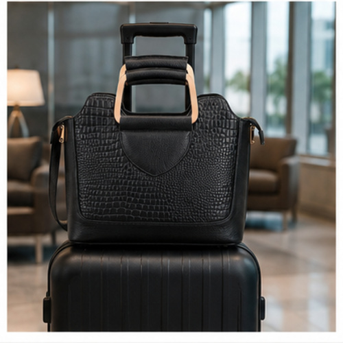 Black Croc Texture Structured Handbag - Image 7