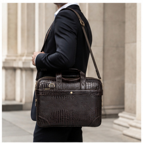 Dark Brown Croc Texture Compact Briefcase - Image 2