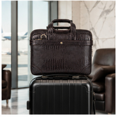 Dark Brown Croc Texture Compact Briefcase - Image 8