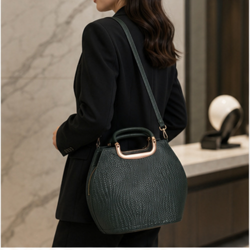 Dark Green Rounded Croc Texture Handbag - Image 2
