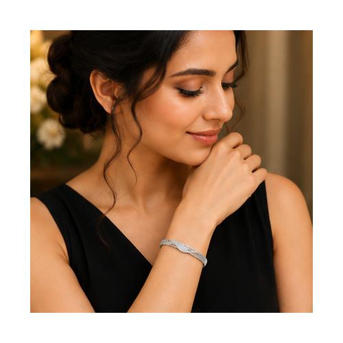 Silver Tone Leaf Textured Hinged Bangle - Image 3