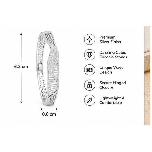 Silver Tone Leaf Textured Hinged Bangle - Image 6