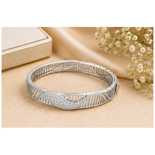 Silver Tone Leaf Textured Hinged Bangle - Image 5