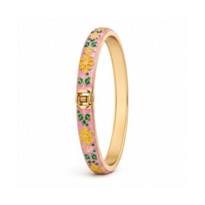 Pink Floral Enamel Gold Tone Bangle