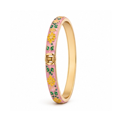 Pink Floral Enamel Gold Tone Bangle