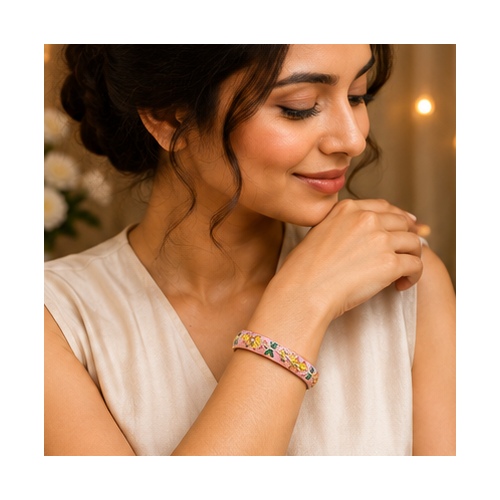 Pink Floral Enamel Gold Tone Bangle - Image 2