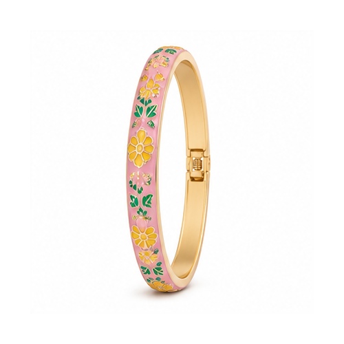 Pink Floral Enamel Gold Tone Bangle - Image 3