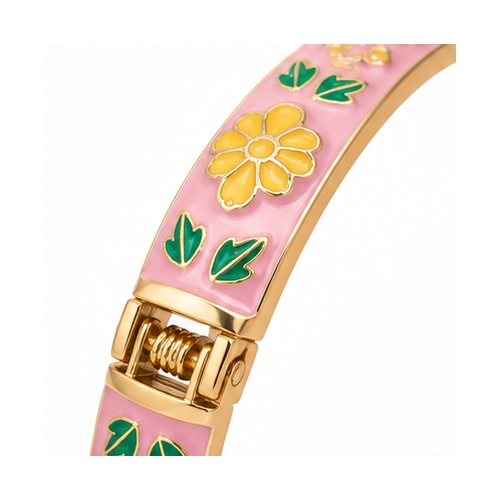Pink Floral Enamel Gold Tone Bangle - Image 4