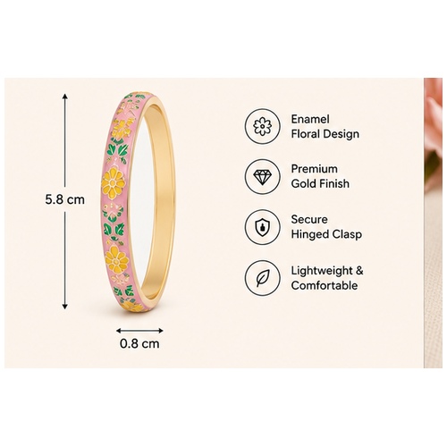 Pink Floral Enamel Gold Tone Bangle - Image 6
