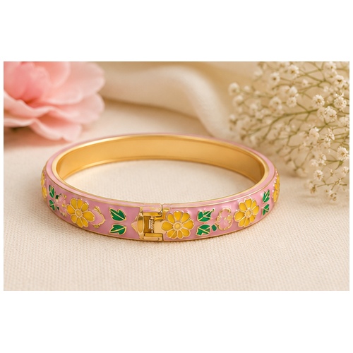 Pink Floral Enamel Gold Tone Bangle - Image 5